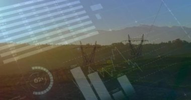 Elektrik direği ve peyzaj üzerindeki istatistik ve veri işleme animasyonları. küresel enerji, elektrik ve veri işleme kavramı dijital olarak oluşturulmuş video.