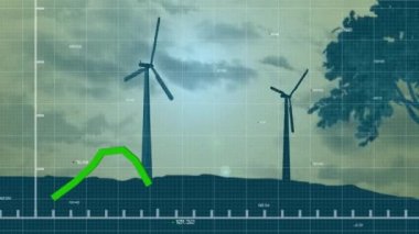 Rüzgar türbinleri üzerinde yeşil çizgili istatistik ve veri işleme animasyonları. küresel çevre, sürdürülebilirlik, teknoloji, iş ve veri işleme kavramı dijital olarak oluşturulmuş video.