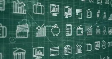 Bağlantılar ve veri işleme ağı üzerinden simgelerin canlandırılması. Küresel teknoloji, bilgisayar ve dijital arayüz kavramı dijital olarak oluşturulmuş video.