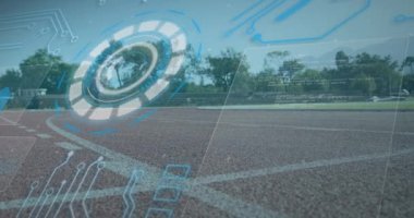 Fiziksel engelli Afro-Amerikan erkekler üzerinde dijital arayüz animasyonu. Küresel spor, dijital arayüz ve veri işleme kavramı dijital olarak oluşturulmuş video.