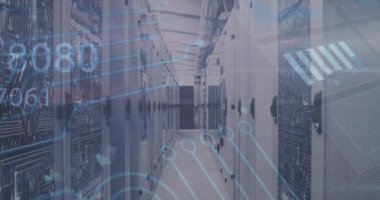 Sunucu odasında veri işleme animasyonu. küresel iş ve dijital arayüz kavramı dijital olarak oluşturulmuş video.