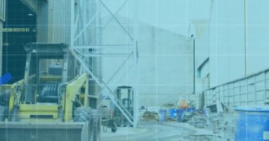 Hurdalıktaki makineler üzerinden finansal verilerin ve grafiklerin animasyonu. Ekonomi, finans, geri dönüşüm ve atık kullanımı kavramı dijital olarak oluşturulmuş video.