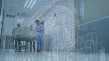 Hasta yürüyüşü yapan beyaz erkek doktorun veri işleme animasyonu. Küresel tıp ve dijital arayüz kavramı dijital olarak oluşturulmuş video.