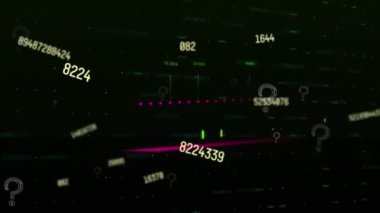 Finansal veri işlemeye karşı soru işareti sembolleri ve birden fazla değişen sayılar. Küresel finans ve iş teknolojisi kavramı