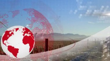 Mühendis ve rüzgar türbini üzerinde dünya haritası ve yerkürenin animasyonu. küresel yeşil enerji, çevre, sürdürülebilirlik ve veri işleme kavramı dijital olarak oluşturulmuş video.