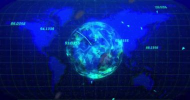 Mavi arka plandaki dünya haritası, çizgiler, numaralar ve dünya haritasının animasyonu. Dijital olarak oluşturulan küresel veri işleme, finans ve teknoloji konsepti.