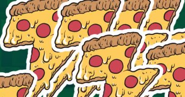 Yeşil şekilli pizza ikonlarının animasyonu. Küresel iş ve dijital arayüz kavramı dijital olarak oluşturulmuş video.