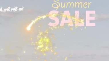 Noel Baba 'nın Kızağı' nda yaz indirimi metni ve ışık animasyonu. Yaz, satış, perakende ve kutlama konsepti dijital olarak oluşturulmuş video.