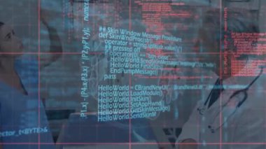 Erkek doktor üzerinde dijital arayüz animasyonu. Küresel tıp, teknoloji, veri işleme ve dijital arayüz kavramı dijital olarak oluşturulmuş video.