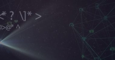 Mavi arkaplanda dönen çoklu değişen matematiksel semboller ve dijital simgelerin küreleri. Küresel ağ ve teknoloji kavramı