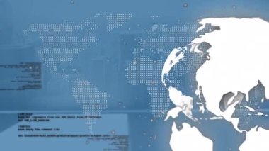 Dönen dünya üzerinde veri işleme animasyonu ve mavi arka planda dünya haritası. Veri işleme, ağ ve teknoloji konsepti dijital olarak oluşturulmuş video.