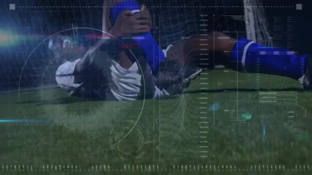 Animação Processamento Dados Sobre Jogador Futebol Masculino Afro Americano Com — Vídeo de Stock