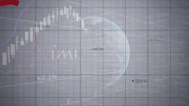 Animação Gráficos Dados Financeiros Sobre Globo Fundo Cinza Negócios Finanças — Vídeo de Stock
