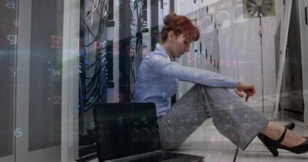 Animation Cyber Crime Caucasian Woman Sitting Server Room Computers Data — Wideo stockowe