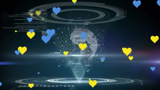 Küre Üzerinde Mavi Sarı Kalplerin Animasyonu Siyah Arkaplanda Veri Işleme — Stok video
