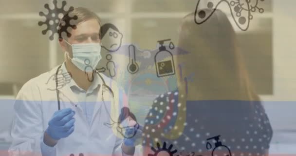 Animation Virus Cells Caucasian Male Doctor Holding Vaccine Global Medicine — Stock Video