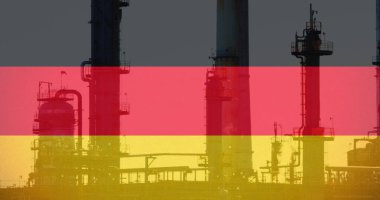 Fabrikanın üzerinde Alman bayrağı resmi. Ukrayna krizi ve uluslararası politika kavramı dijital olarak oluşturuldu.