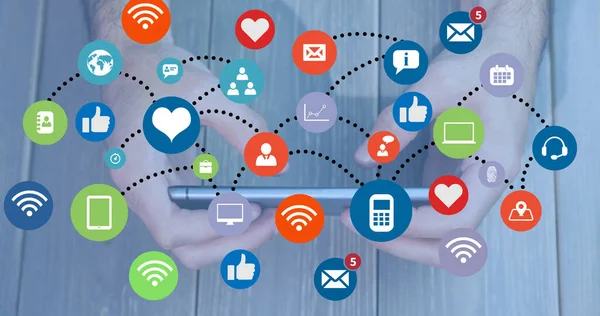 Image of network of connections with icons over person using smartphone. social media day concept digitally generated image.