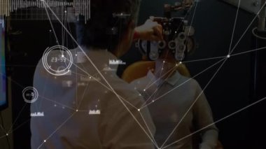 Animation of connections over caucasian male eye doctor checking female patient. Health, medicine, connections and technology concept digitally generated video.