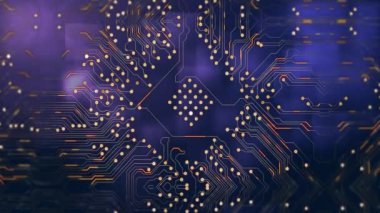 Menekşe arkaplan üzerinde karelerle entegre devre animasyonu. Bilgisayarlar, veri işleme, donanım ve teknoloji konsepti dijital olarak oluşturulmuş video.