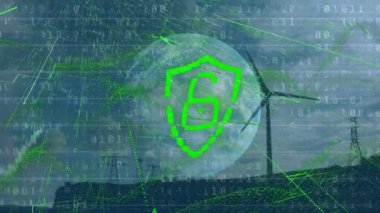 Dijital kalkanın asma kilit, finansal veriler ve rüzgar türbinleriyle animasyonu. Veri işleme, küresel ağ, dijital güvenlik ve teknoloji konsepti dijital olarak oluşturulmuş video.