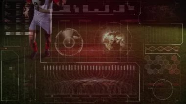 Kafkas erkek futbolcu üzerinde veri işleme animasyonu. Küresel spor ve dijital arayüz kavramı dijital olarak oluşturulmuş video.