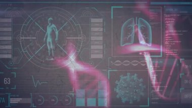 Dönen DNA iplikçiklerinin animasyonu ve veri işleme ile covid 19 hücre. küresel covid 19 salgın ve veri işleme konsepti dijital olarak oluşturulmuş video.