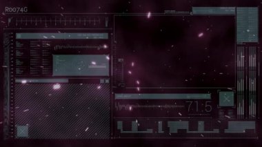 Farklı verilerle siyah dijital ekranda hareket eden ışıkların animasyonu. dijital arayüz, teknoloji ve iletişim konsepti dijital olarak oluşturulmuş video.