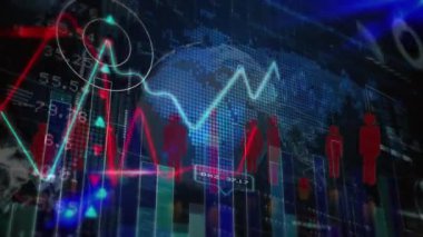 Finansal grafikleri sayma animasyonu ve donanma arka planında dünya haritası. Finans, ekonomi, iş, veri işleme ve teknoloji konsepti dijital olarak oluşturulmuş video.