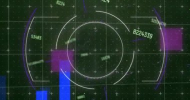 Kara zemin üzerinde görüntü bulucu, veri işleme ve dünya haritasının animasyonu. Veri işleme, dijital arayüz, iletişim ve teknoloji konsepti dijital olarak oluşturulmuş video.