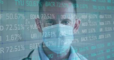 Animation of data processing over caucasian doctor wearing face mask. Global covid 19 pandemic, medicine and healthcare services concept digitally generated video.
