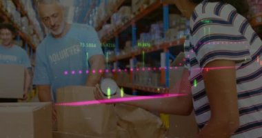 Depodaki çeşitli gönüllülerin veri işleme animasyonları. Küresel gönderme, bilgisayar ve dijital arayüz kavramı dijital olarak oluşturulmuş video.