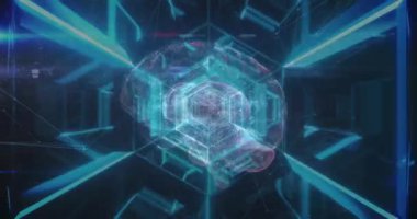 Neon altıgenlerden oluşmuş tünelin animasyonu ve siyah arka plandaki beyin. Bilim, insan biyolojisi ve hareket konsepti dijital olarak üretilen video.