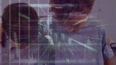 Animation of data processing over diverse pupils. School, learning, education, connections and technology concept digitally generated video.