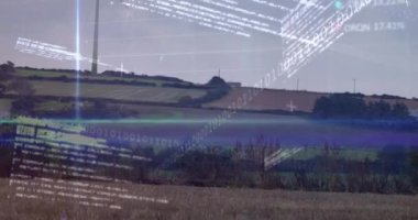 Elektrik yel değirmeni üzerinde finansal veri işleme animasyonu. Elektrik, enerji ve güç dağılımı dijital olarak oluşturulmuş video.