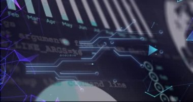 Siyah zemin üzerinde entegre devre, veri ve grafik animasyonu. Dijital olarak oluşturulan küresel veri işleme, finans ve teknoloji konsepti.