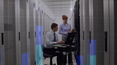 Animation of digital data processing over two caucasian server room workers. Global science, connections, data processing and digital interface concept digitally generated video.