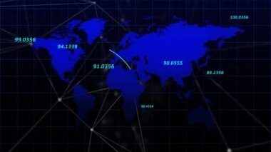 Mavi arkaplana karşı dünya haritasında birden fazla değişen sayı ve bağlantı ağı. Küresel ağ ve teknoloji kavramı