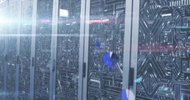 Sunucuların üzerindeki dairelerin ve ışıkların animasyonu. Bilgisayarlar, ağ, veri işleme ve teknoloji konsepti dijital olarak oluşturulmuş video.