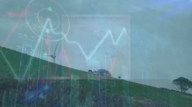 Rüzgar türbininin üzerindeki grafiklerin ve finansal verilerin animasyonu. Küresel çevre yeşil enerji iş bağlantıları dijital arayüz ve teknoloji konsepti dijital olarak oluşturulmuş video.