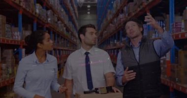 Animation of data processing over diverse business people in warehouse. Global shipping, computing and digital interface concept digitally generated video.