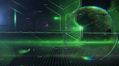 Veri işleme ve dönen dünyayı çevreci arka plana karşı aydınlatma noktası. Küresel ağ ve teknoloji kavramı