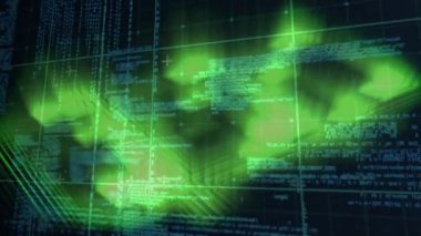 Şebeke üzerinde işaretleyicilerle parlayan veri işleme animasyonu. küresel hesaplama, veri işleme ve dijital arayüz kavramı dijital olarak oluşturulmuş video.