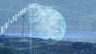 Finansal verilerin ve rüzgar türbininin üzerindeki kürenin animasyonu. Çevre gücü, yeşil enerji, küresel finans ve ekonomi konsepti dijital olarak oluşturulmuş video.