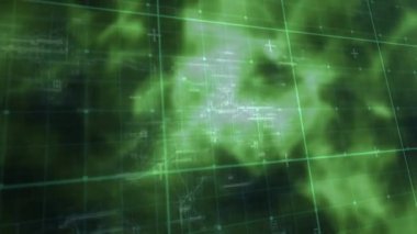 Şebeke üzerinde işaretleyicilerle parlayan veri işleme animasyonu. küresel hesaplama, veri işleme ve dijital arayüz kavramı dijital olarak oluşturulmuş video.