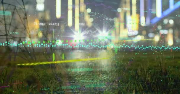 Анимация Графиков Над Ночным Городом Электрическими Столбами Энергия Электричество Обработка — стоковое видео