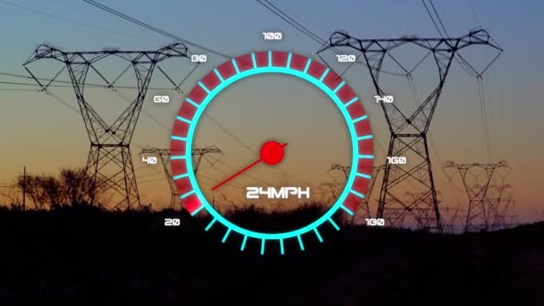 日没時の電柱上の速度計のアニメーション 世界のエネルギーと電気の概念はデジタルでビデオを生成 — ストック動画