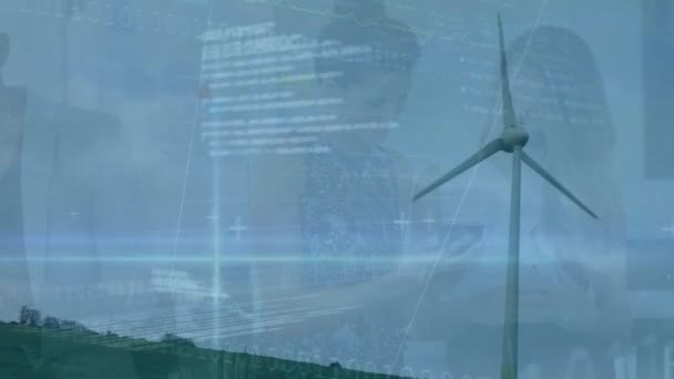 Animation Financial Data Business People Wind Turbine Eco Power Green — Vídeo de Stock