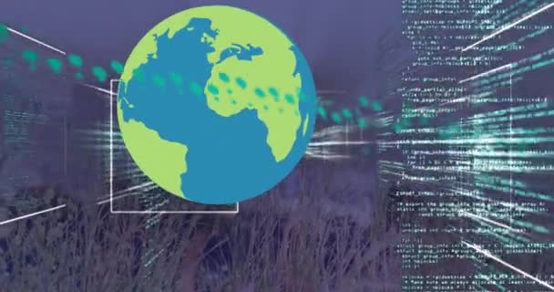 Animation Der Datenverarbeitung Und Finanzgrafik Über Globus Und Wiese Globales — Stockvideo