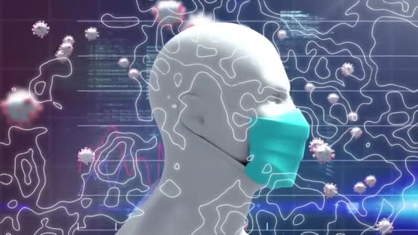 マスクとデータ処理を身に着けている人間の頭を持つCovid 19細胞のアニメーション グローバルCovid 19パンデミックとデータ処理コンセプトデジタルで生成されたビデオ — ストック動画